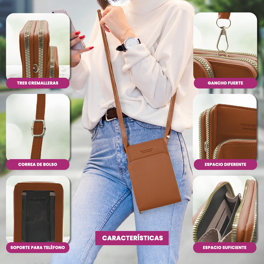 Bolsa Crossbody para Celular Mujer con Cierre y Correa Ajustable 18 × 10.5 cm color Café