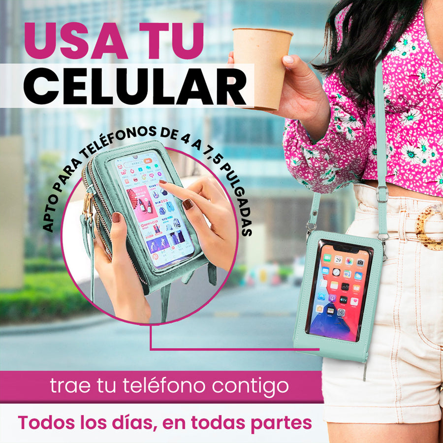 Bolsa Crossbody para Celular Mujer con Cierre y Correa Ajustable 18 × 10.5 cm color Menta