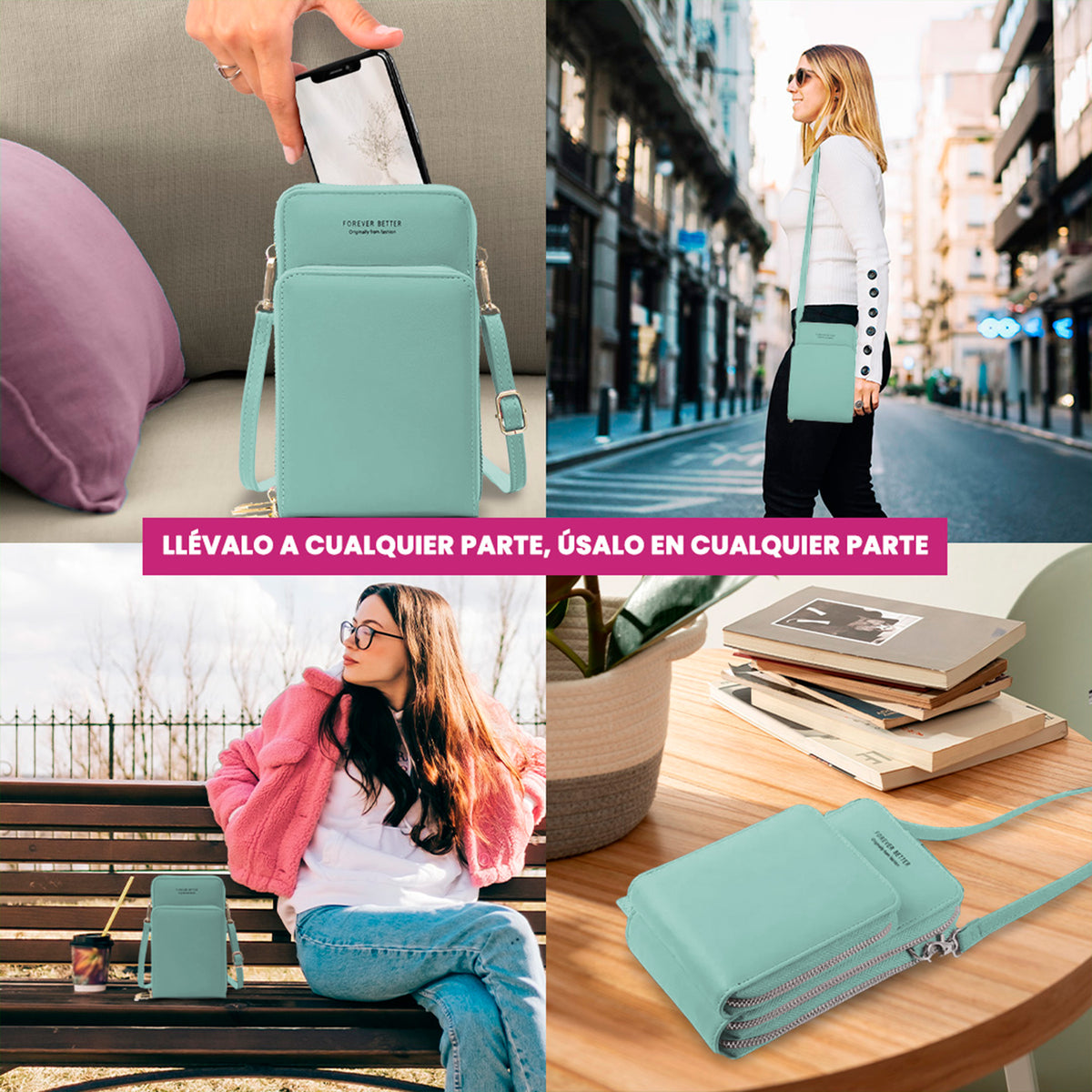 Bolsa Crossbody para Celular Mujer con Cierre y Correa Ajustable 18 × 10.5 cm color Menta
