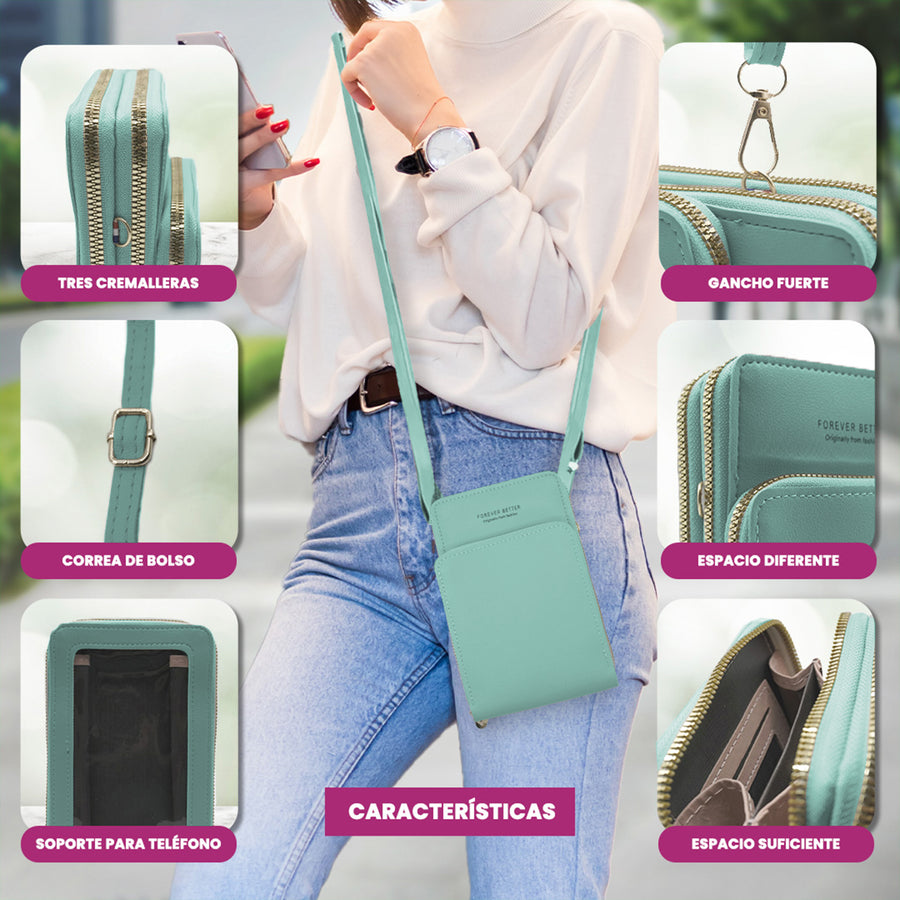 Bolsa Crossbody para Celular Mujer con Cierre y Correa Ajustable 18 × 10.5 cm color Menta