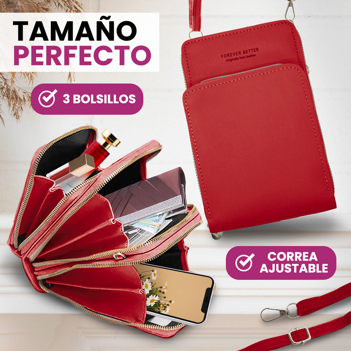 Bolsa Crossbody para Celular Mujer con Cierre y Correa Ajustable 18 × 10.5 cm color Rojo