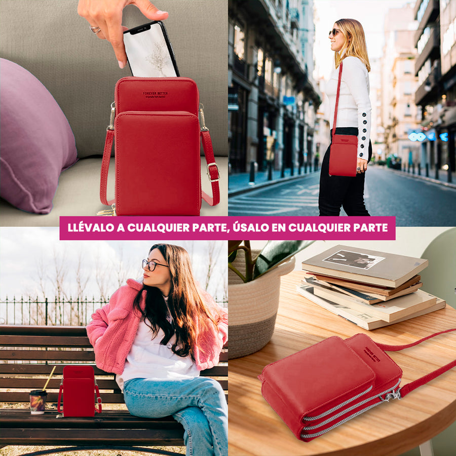Bolsa Crossbody para Celular Mujer con Cierre y Correa Ajustable 18 × 10.5 cm color Rojo