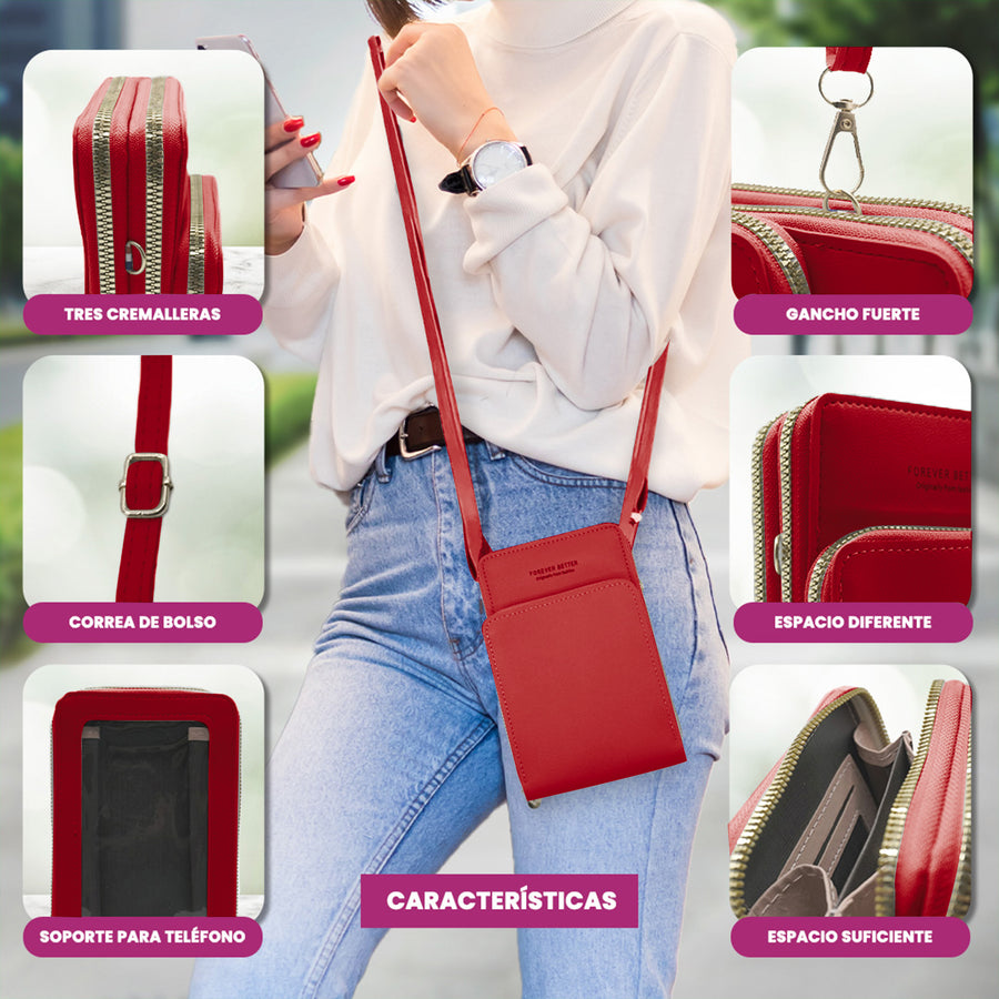 Bolsa Crossbody para Celular Mujer con Cierre y Correa Ajustable 18 × 10.5 cm color Rojo