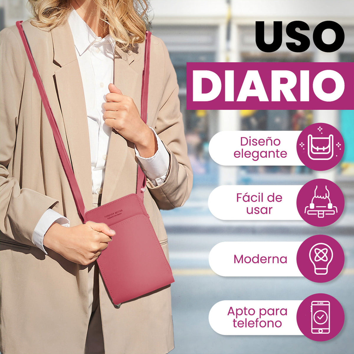 Bolsa Crossbody para Celular Mujer con Cierre y Correa Ajustable 18 × 10.5 cm color Rosa Oscuro
