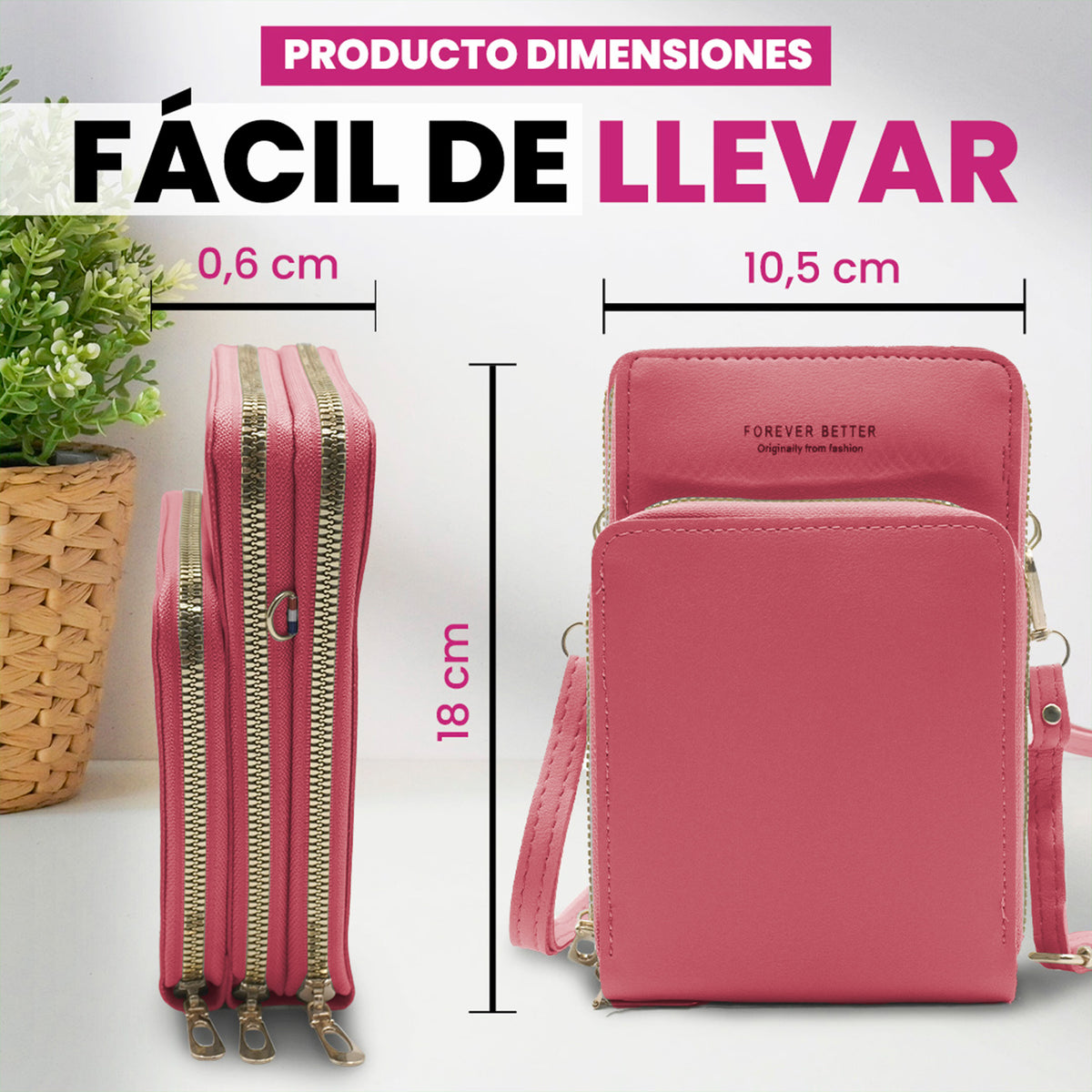 Bolsa Crossbody para Celular Mujer con Cierre y Correa Ajustable 18 × 10.5 cm color Rosa Oscuro