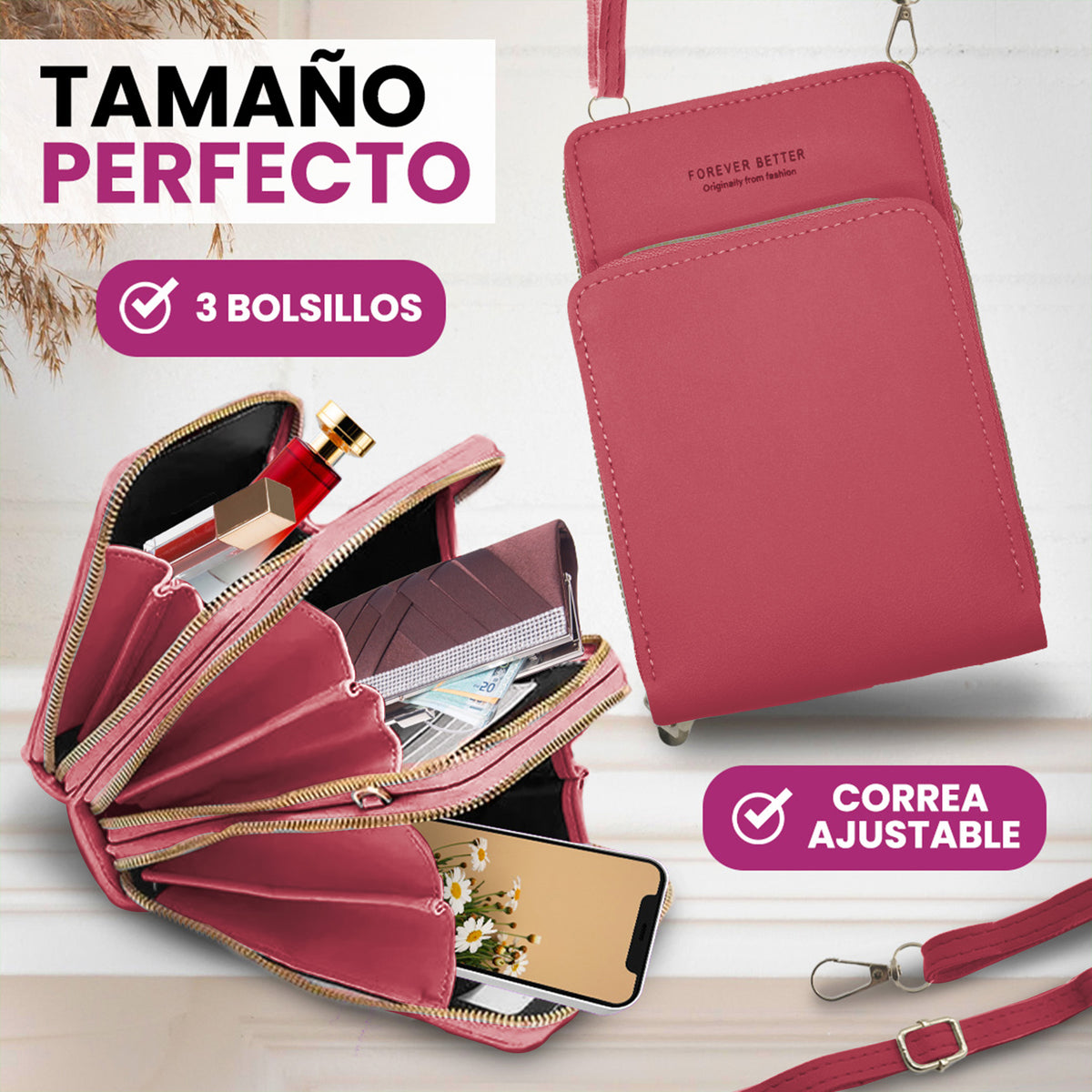 Bolsa Crossbody para Celular Mujer con Cierre y Correa Ajustable 18 × 10.5 cm color Rosa Oscuro