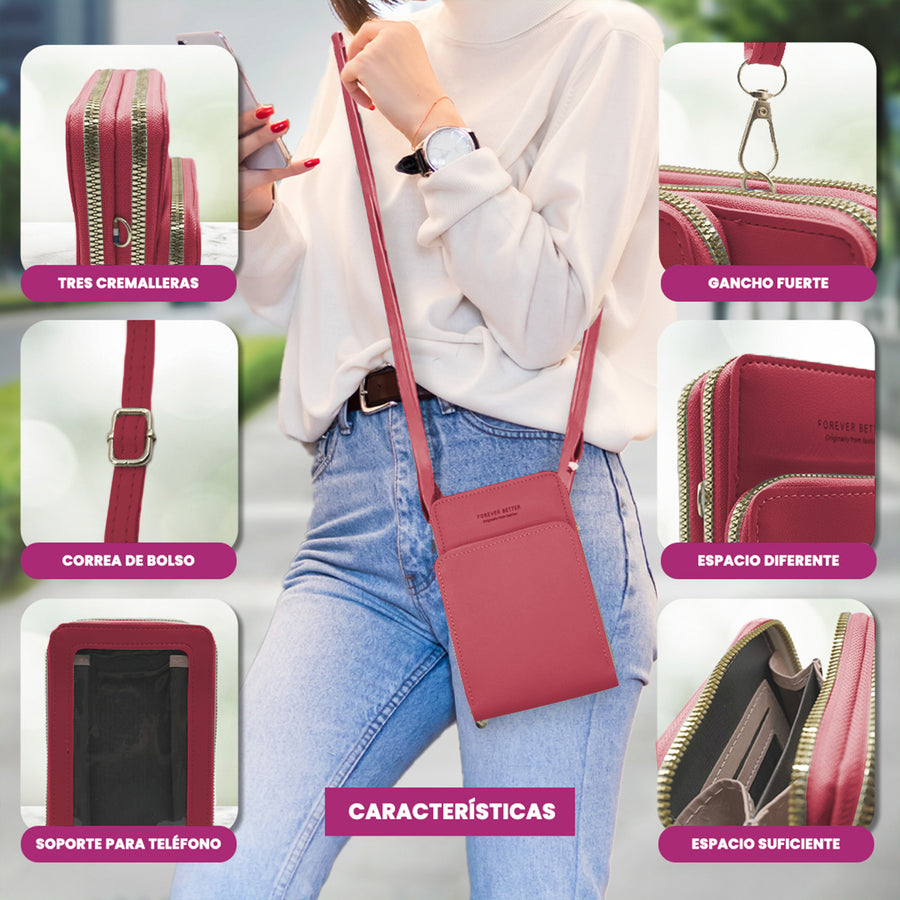 Bolsa Crossbody para Celular Mujer con Cierre y Correa Ajustable 18 × 10.5 cm color Rosa Oscuro
