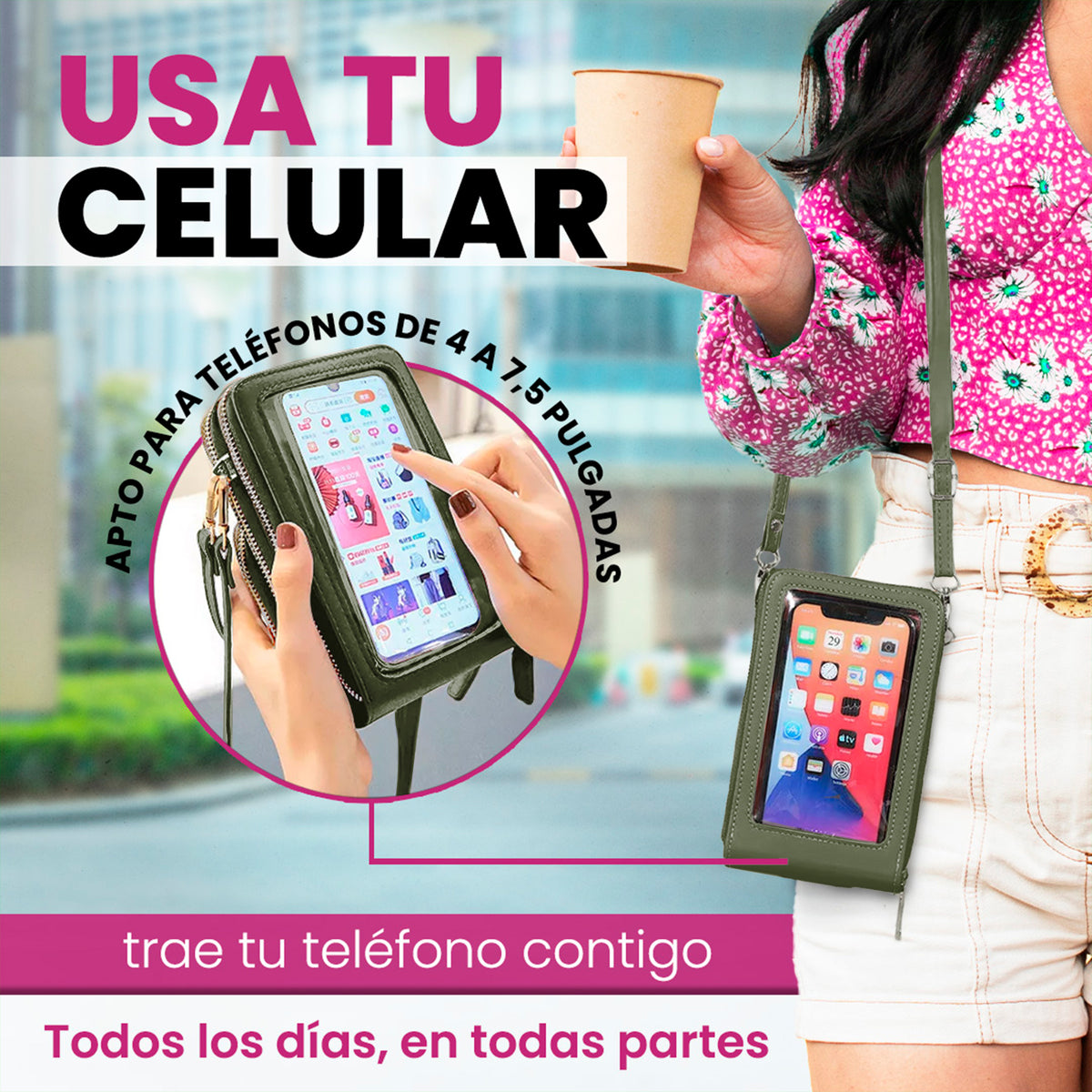 Bolsa Crossbody para Celular Mujer con Cierre y Correa Ajustable 18 × 10.5 cm color Verde