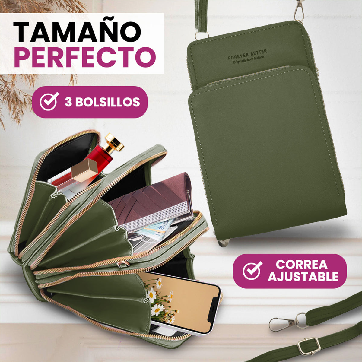 Bolsa Crossbody para Celular Mujer con Cierre y Correa Ajustable 18 × 10.5 cm color Verde