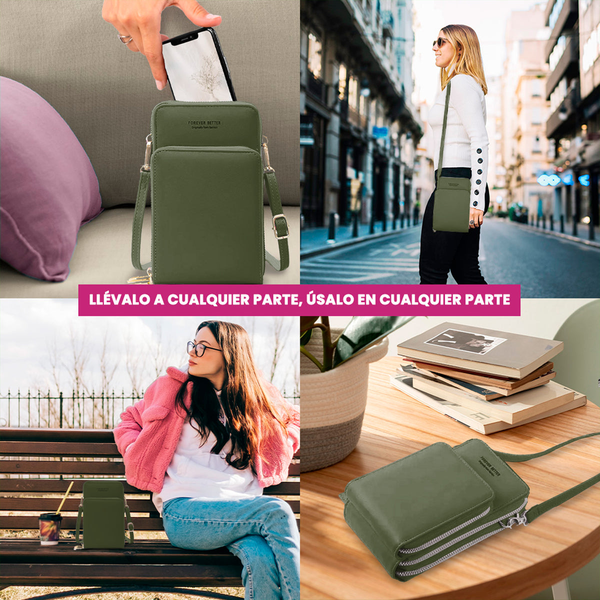 Bolsa Crossbody para Celular Mujer con Cierre y Correa Ajustable 18 × 10.5 cm color Verde