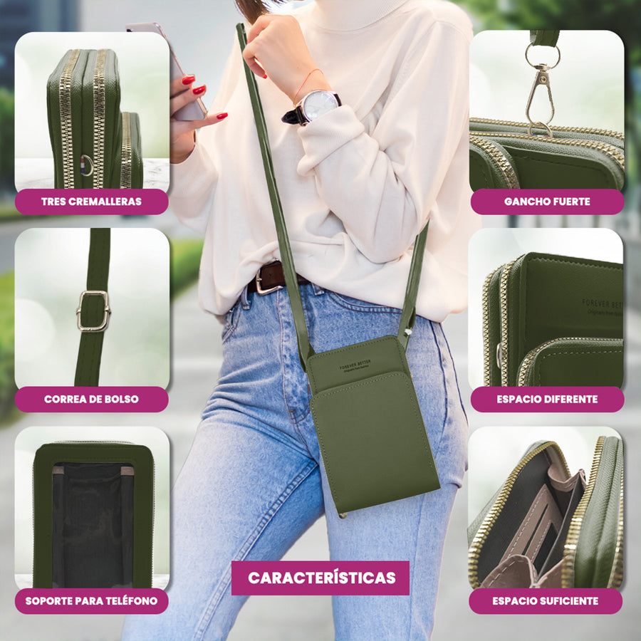 Bolsa Crossbody para Celular Mujer con Cierre y Correa Ajustable 18 × 10.5 cm color Verde