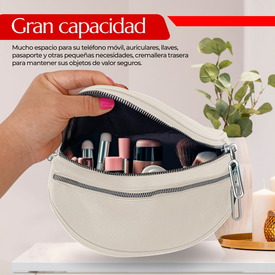 Riñonera Bandolera Mujer de Piel Sintética · Doble Cierre y Correa Ancha Ajustable color Blanco