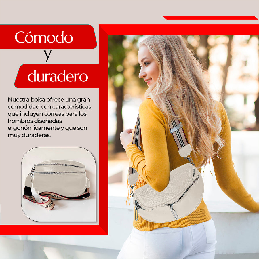 Riñonera Bandolera Mujer de Piel Sintética · Doble Cierre y Correa Ancha Ajustable color Blanco