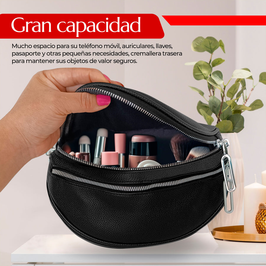 Riñonera Bandolera Mujer de Piel Sintética · Doble Cierre y Correa Ancha Ajustable color Negro