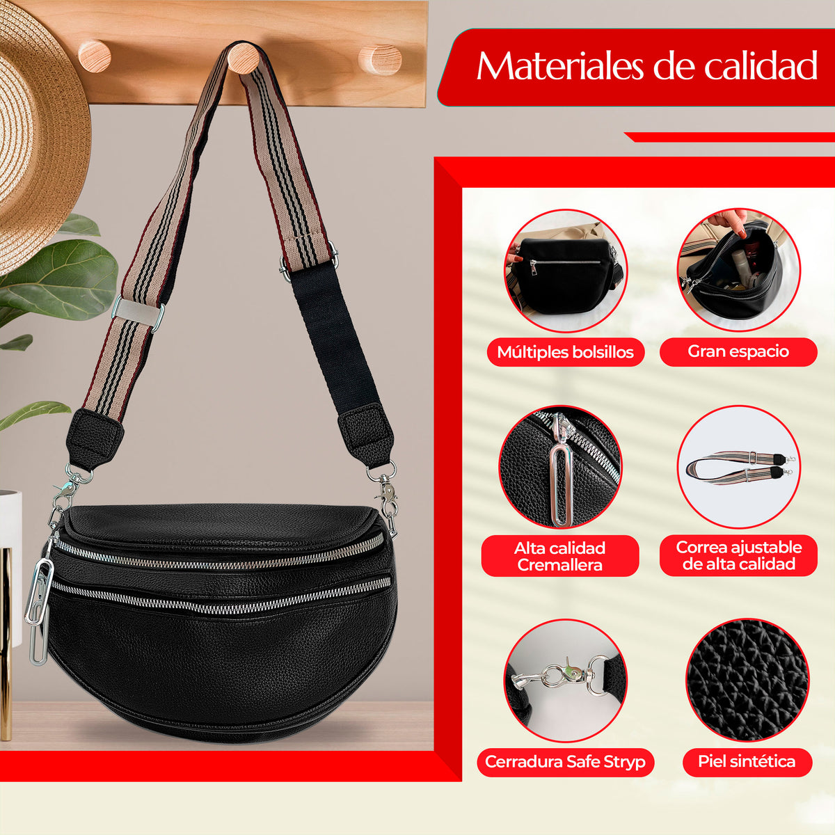 Riñonera Bandolera Mujer de Piel Sintética · Doble Cierre y Correa Ancha Ajustable color Negro