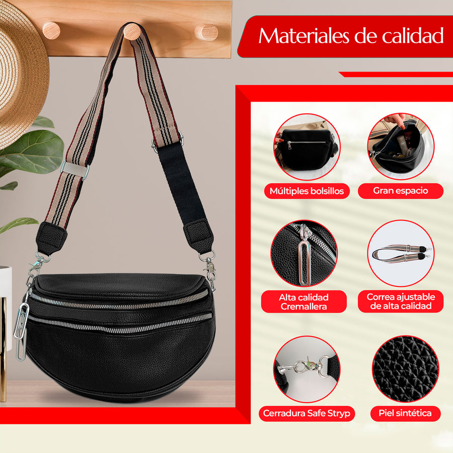 Riñonera Bandolera Mujer de Piel Sintética · Doble Cierre y Correa Ancha Ajustable color Negro
