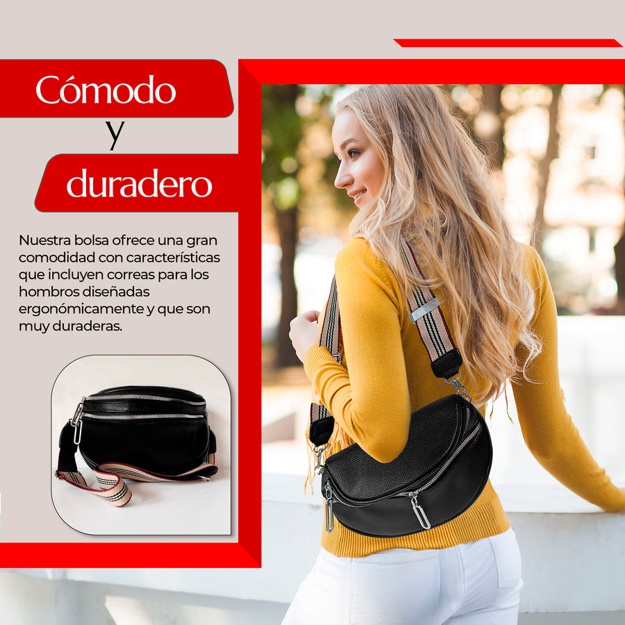 Riñonera Bandolera Mujer de Piel Sintética · Doble Cierre y Correa Ancha Ajustable color Negro