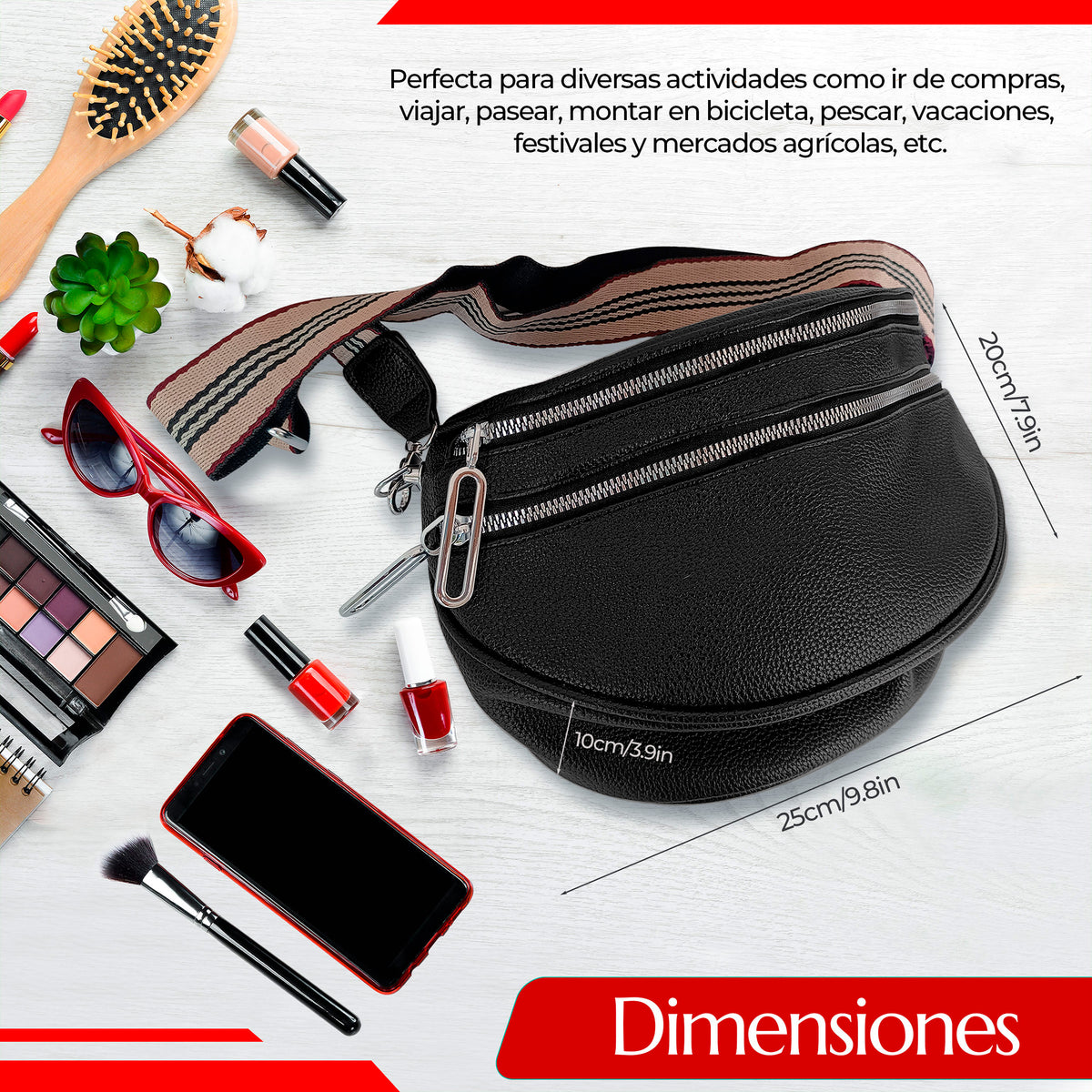 Riñonera Bandolera Mujer de Piel Sintética · Doble Cierre y Correa Ancha Ajustable color Negro