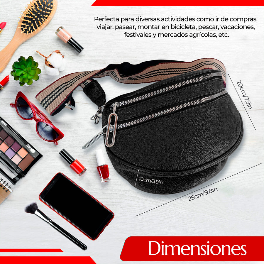 Riñonera Bandolera Mujer de Piel Sintética · Doble Cierre y Correa Ancha Ajustable color Negro