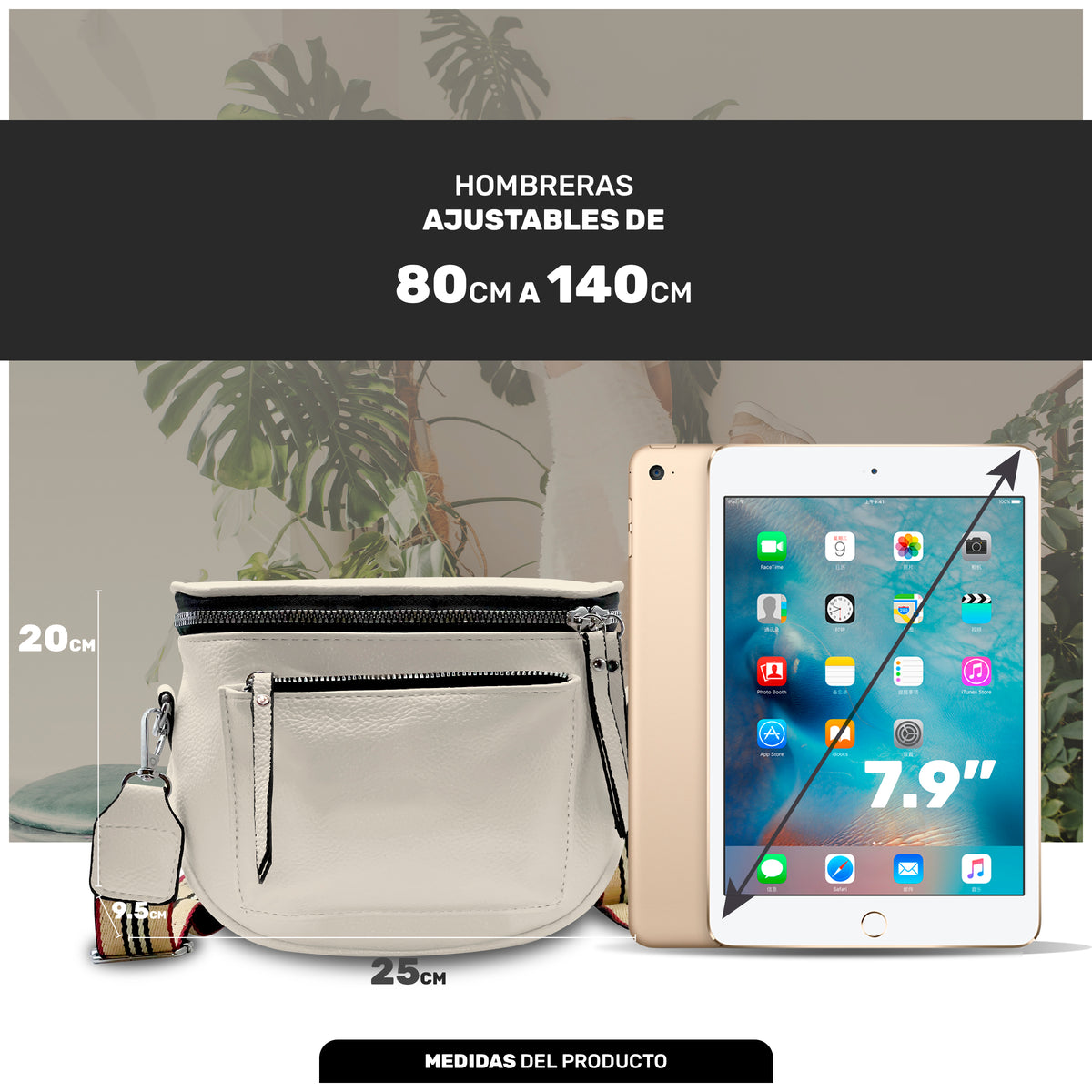 Bolsa Cruzada Mujer de Piel Sintética · Correa Ancha Ajustable 80 a 140 cm · 25 × 20 cm color Blanco