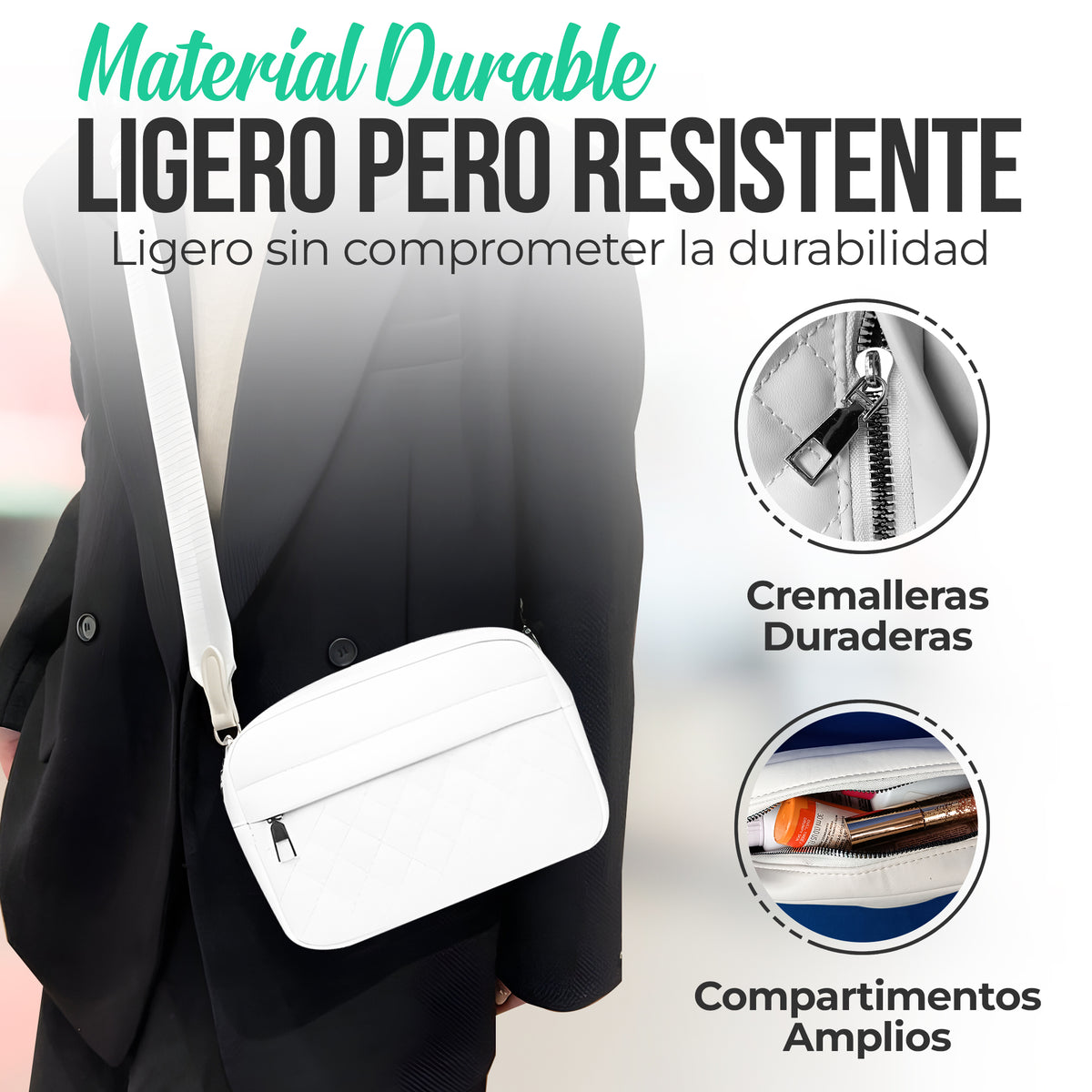 Bolso de Hombro Acolchado para Mujer con Monedero · Correa Ancha · Gran Capacidad color Blanco