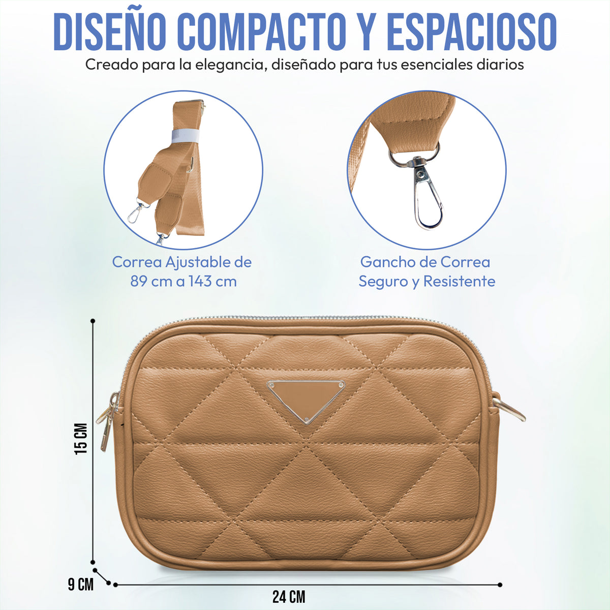 Bolsa Crossbody Acolchada para Mujer · Correa Ajustable · Compacta y Elegante color Camel