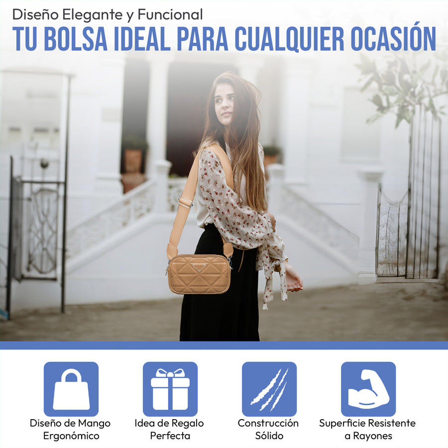Bolsa Crossbody Acolchada para Mujer · Correa Ajustable · Compacta y Elegante color Camel