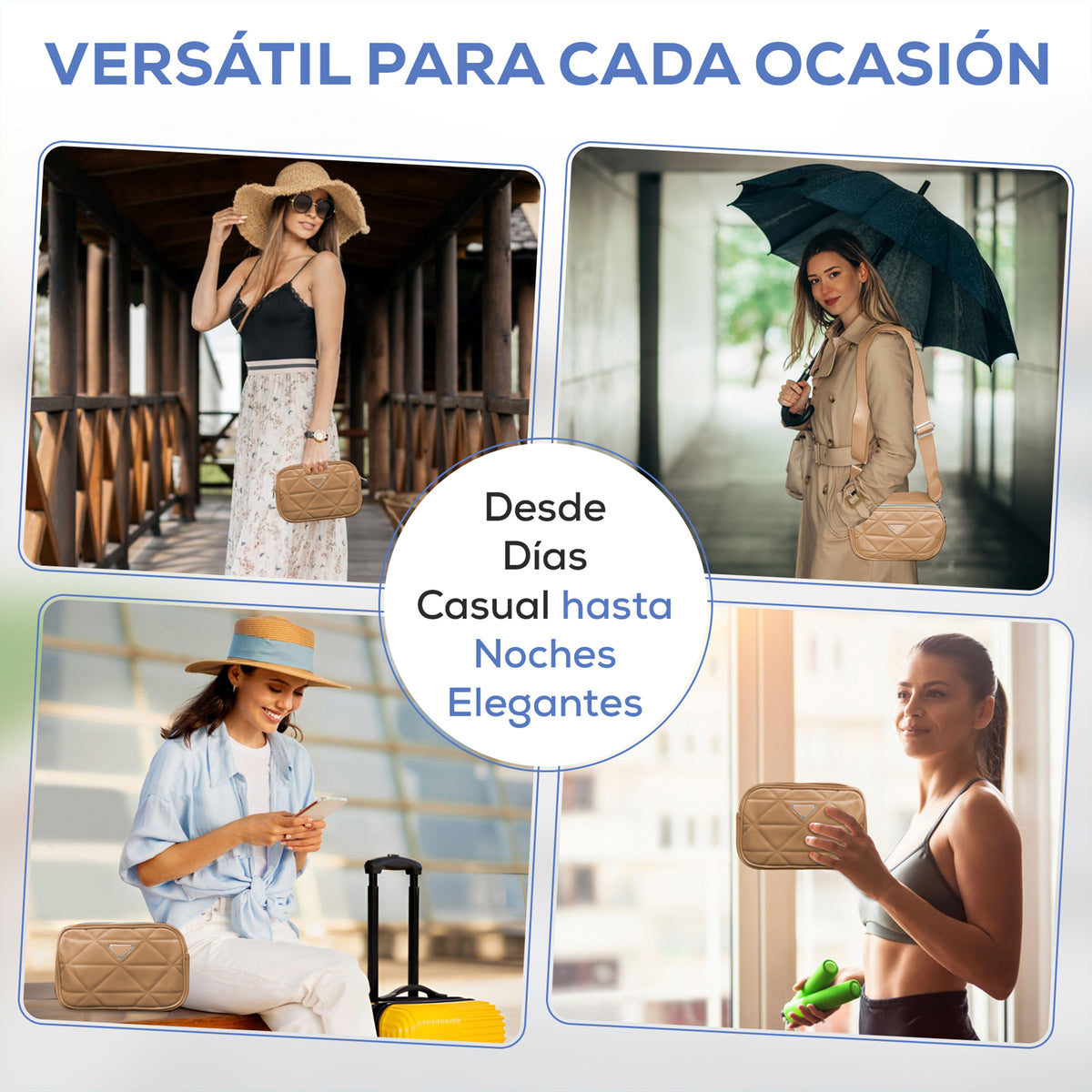 Bolsa Crossbody Acolchada para Mujer · Correa Ajustable · Compacta y Elegante color Camel