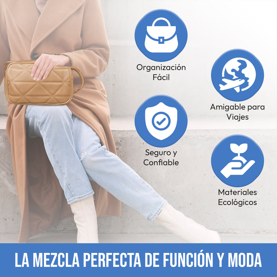 Bolsa Crossbody Acolchada para Mujer · Correa Ajustable · Compacta y Elegante color Camel