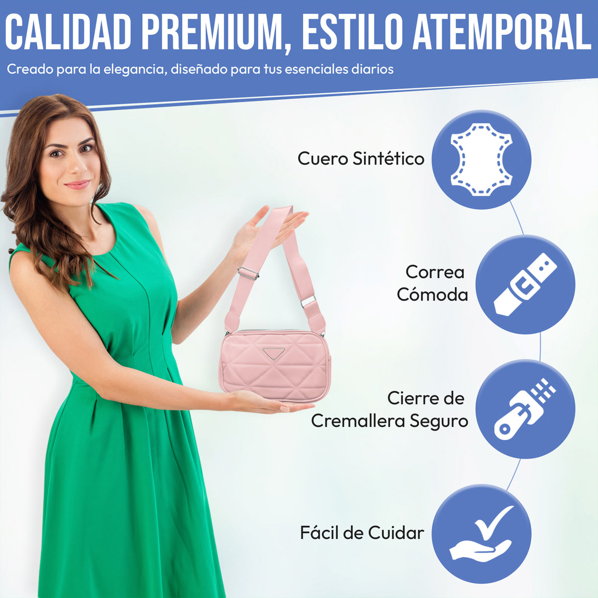 Bolsa Crossbody Acolchada para Mujer · Correa Ajustable · Compacta y Elegante color Rosa