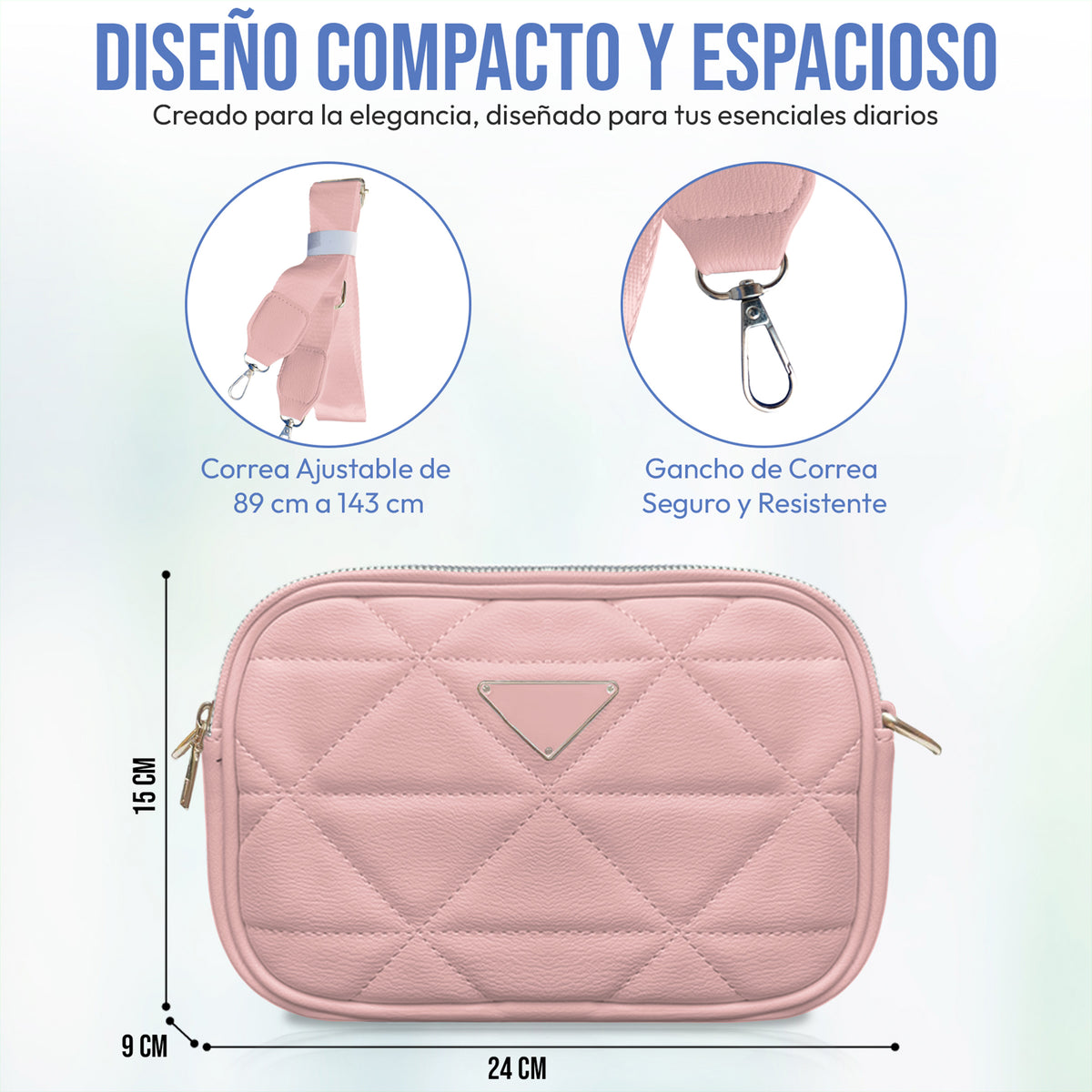 Bolsa Crossbody Acolchada para Mujer · Correa Ajustable · Compacta y Elegante color Rosa