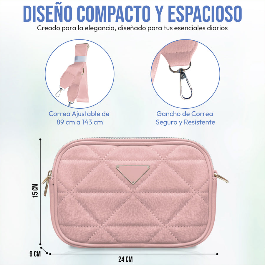 Bolsa Crossbody Acolchada para Mujer · Correa Ajustable · Compacta y Elegante color Rosa