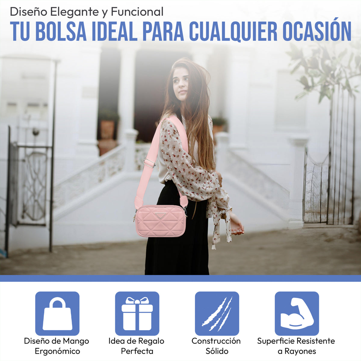 Bolsa Crossbody Acolchada para Mujer · Correa Ajustable · Compacta y Elegante color Rosa