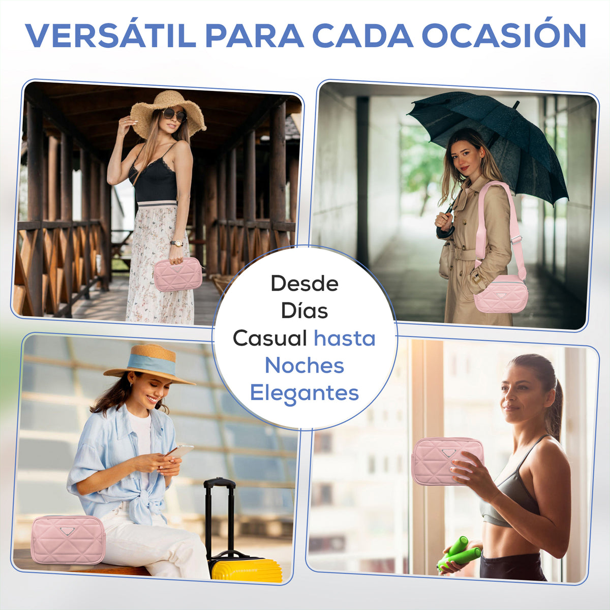 Bolsa Crossbody Acolchada para Mujer · Correa Ajustable · Compacta y Elegante color Rosa