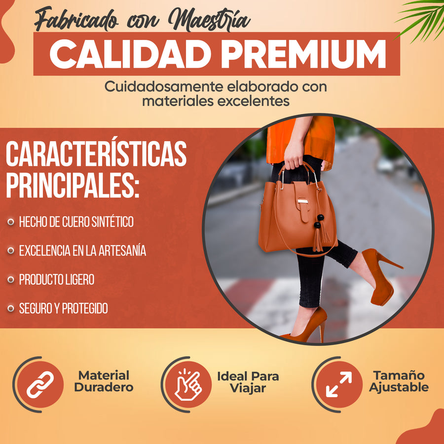 Set de 3 Bolsos para Mujer de Piel Sintética · Bolsa Grande, Crossbody y Clutch color Café