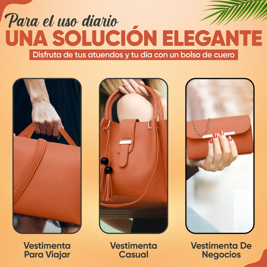 Set de 3 Bolsos para Mujer de Piel Sintética · Bolsa Grande, Crossbody y Clutch color Café
