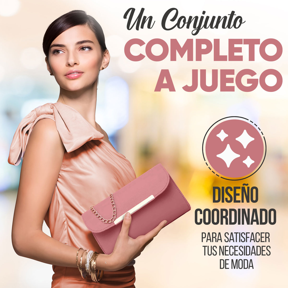 Set de 3 Bolsos para Mujer de Piel Sintética · Bolsa Grande, Crossbody y Clutch color Rosa