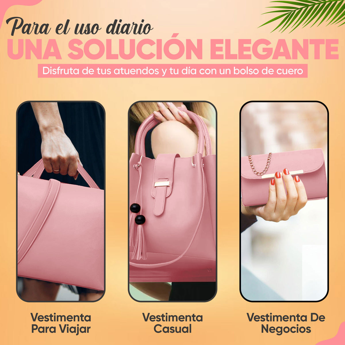 Set de 3 Bolsos para Mujer de Piel Sintética · Bolsa Grande, Crossbody y Clutch color Rosa