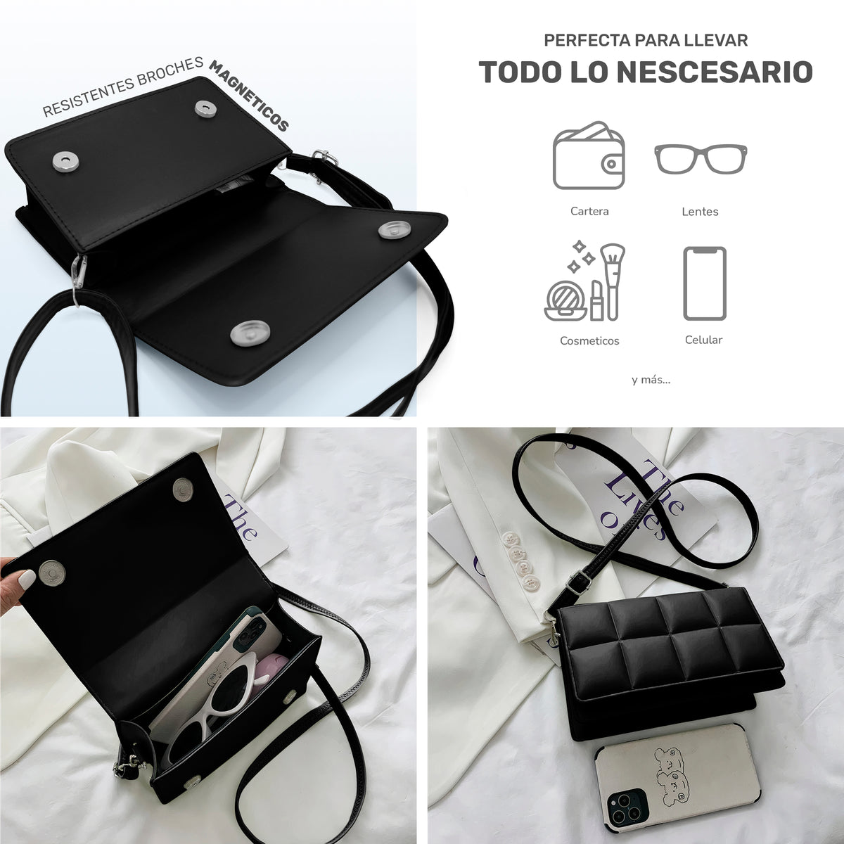 Bolsa Crossbody Mujer Acolchada con Broche Magnético 20.5 × 12.5 cm color Negro