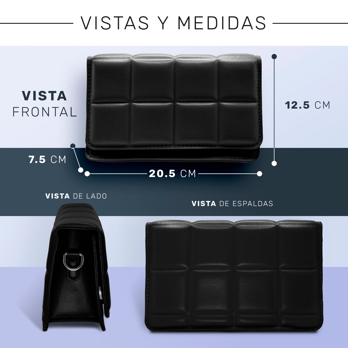 Bolsa Crossbody Mujer Acolchada con Broche Magnético 20.5 × 12.5 cm color Negro