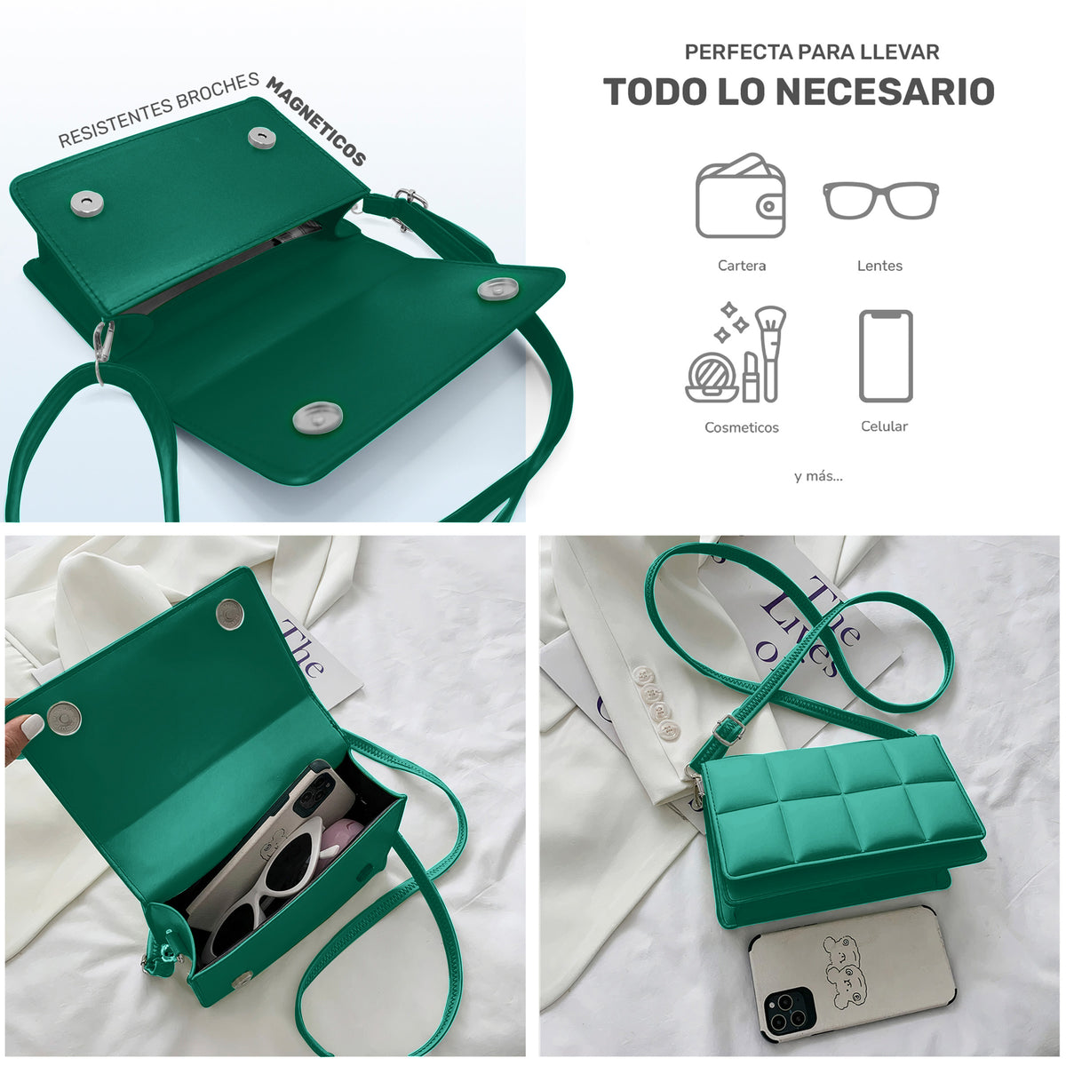 Bolsa Crossbody Mujer Acolchada con Broche Magnético 20.5 × 12.5 cm color Verde