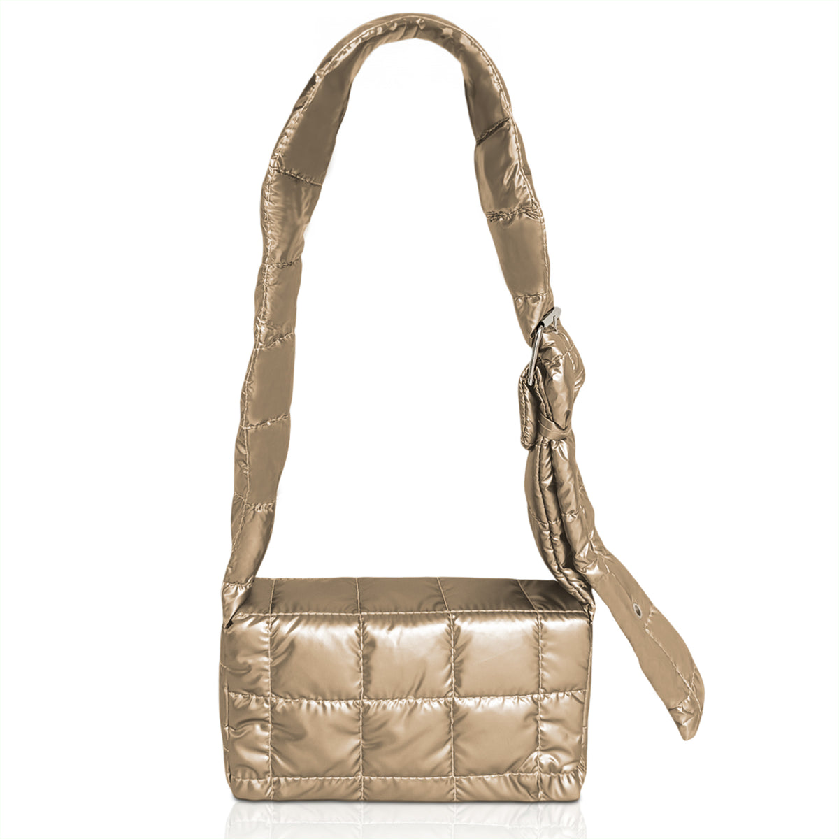 Bolsa Acolchada Mujer Tipo Puffer · Correa Ajustable y Cierre con Imán · 24.5 × 15 cm color Dorado