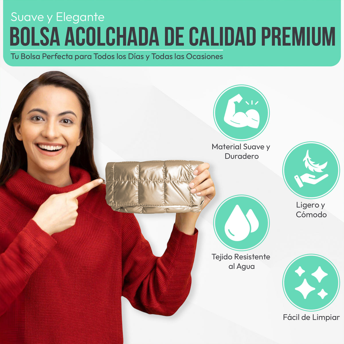 Bolsa Acolchada Mujer Tipo Puffer · Correa Ajustable y Cierre con Imán · 24.5 × 15 cm color Dorado