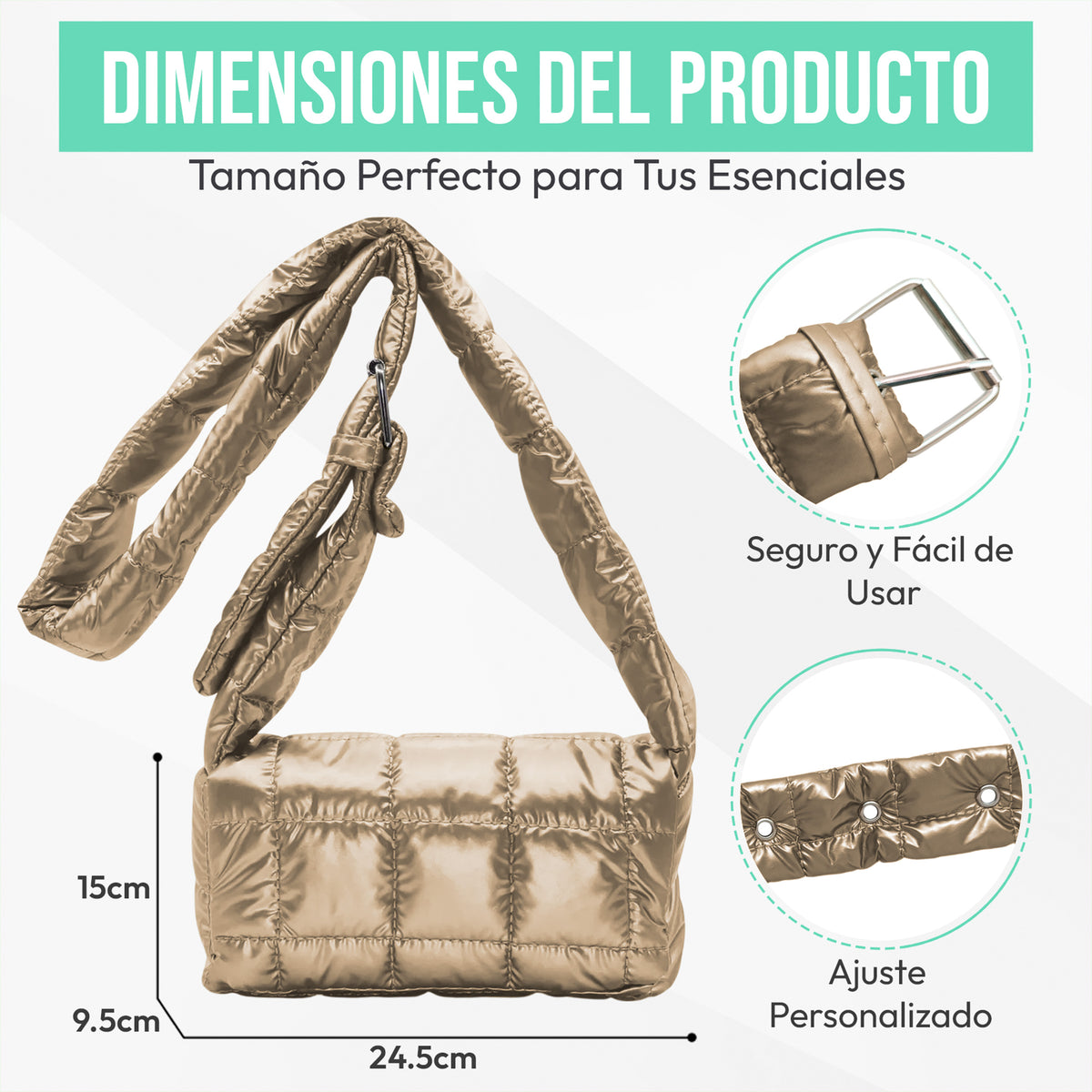 Bolsa Acolchada Mujer Tipo Puffer · Correa Ajustable y Cierre con Imán · 24.5 × 15 cm color Dorado