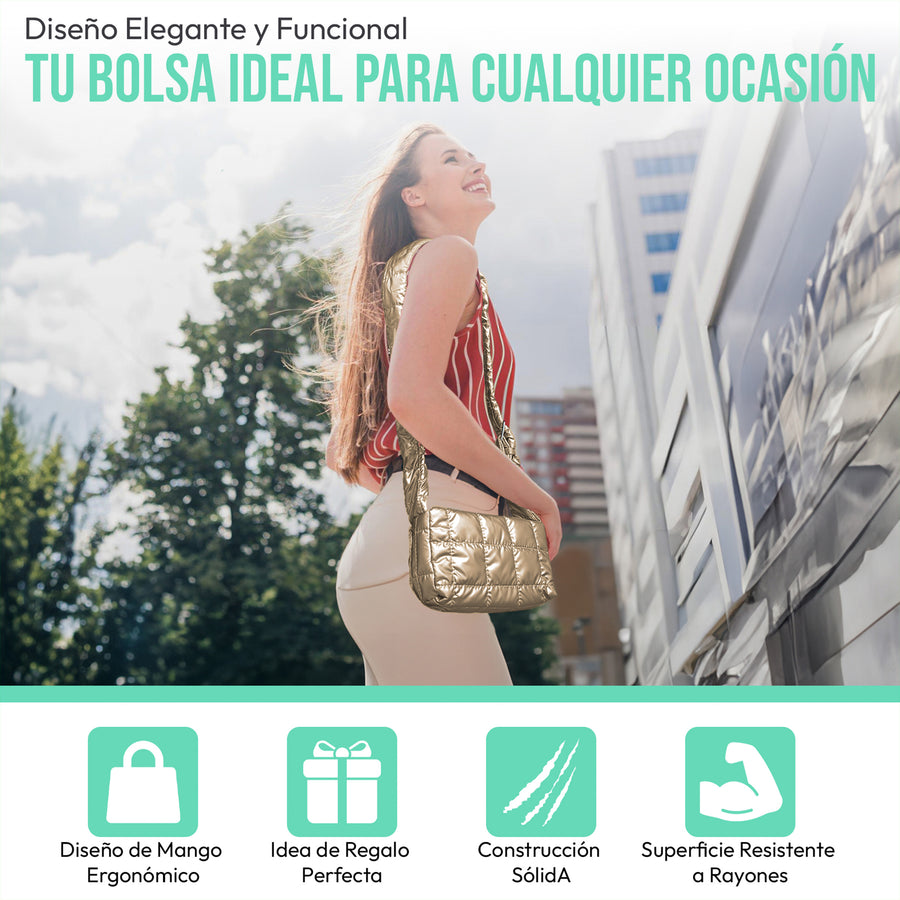 Bolsa Acolchada Mujer Tipo Puffer · Correa Ajustable y Cierre con Imán · 24.5 × 15 cm color Dorado