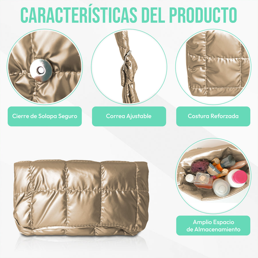 Bolsa Acolchada Mujer Tipo Puffer · Correa Ajustable y Cierre con Imán · 24.5 × 15 cm color Dorado