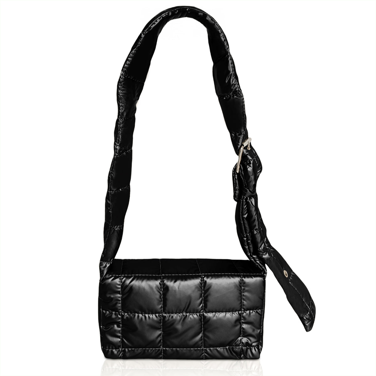 Bolsa Acolchada Mujer Tipo Puffer · Correa Ajustable y Cierre con Imán · 24.5 × 15 cm color Negro