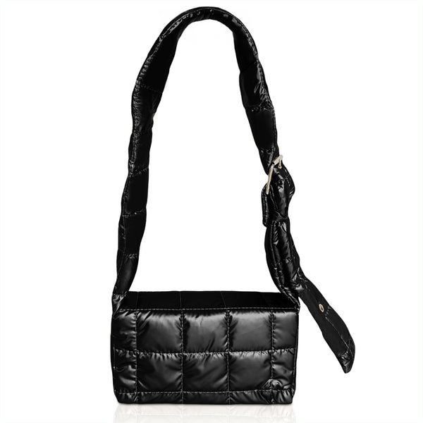 Bolsa Acolchada Mujer Tipo Puffer · Correa Ajustable y Cierre con Imán · 24.5 × 15 cm color Negro