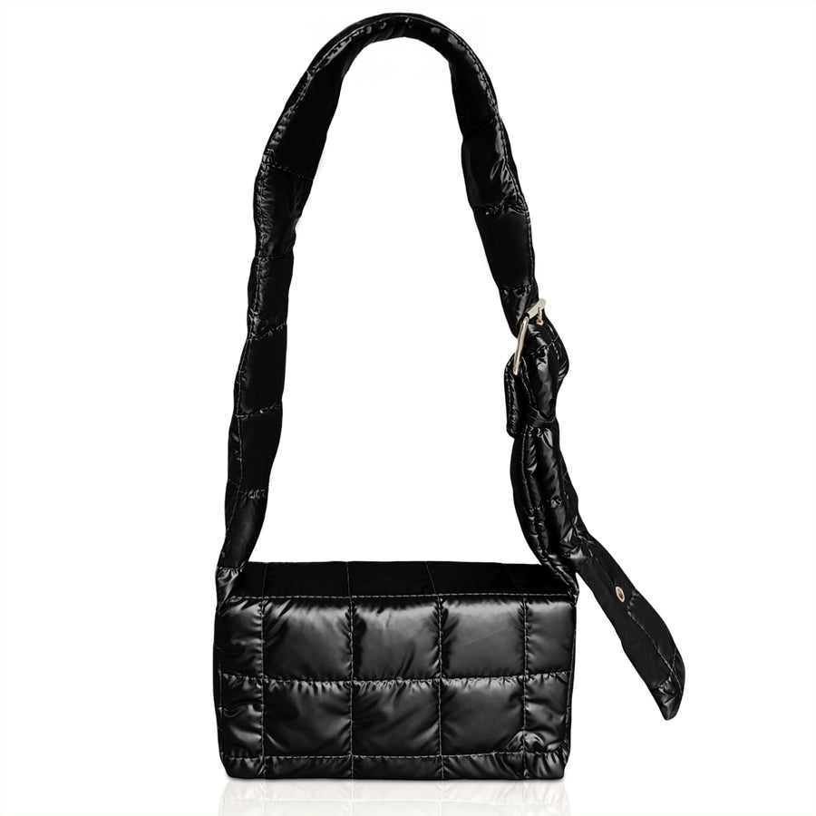 Bolsa Acolchada Mujer Tipo Puffer · Correa Ajustable y Cierre con Imán · 24.5 × 15 cm color Negro