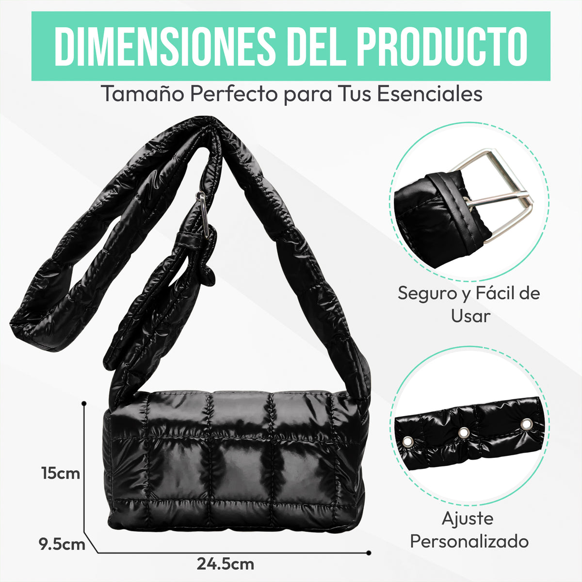 Bolsa Acolchada Mujer Tipo Puffer · Correa Ajustable y Cierre con Imán · 24.5 × 15 cm color Negro